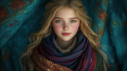 A young woman with a warm smile and natural look, wrapped in a cozy knit sweater, posing against a teal background.

