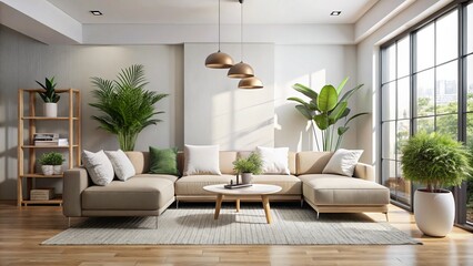 Fototapeta premium Minimalist Living Room Design with Sectional Sofa, Area Rug, Natural Light, Modern Decor, Cozy Atmosphere, Stylish Furniture, Interior Aesthetics, Home Inspiration