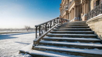 Historic Building with Snow-Covered Stone Steps and Iron Railings