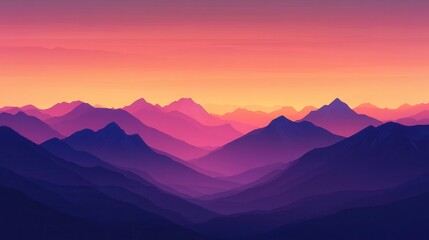 Obraz premium Purple Mountain Range at Sunset with Vibrant Pink and Orange Sky - Digital Art Illustration.