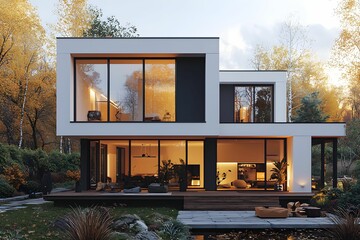 Modern house surrounded by autumn foliage showcasing evening lights