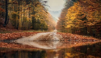 Camino en un bosque oto&ntilde;al con hojas en el camino