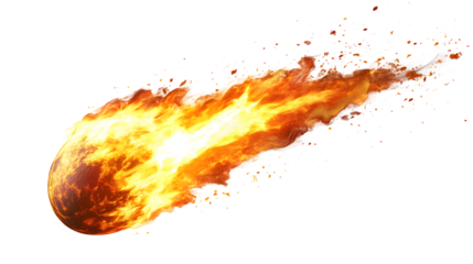 Burning meteor flying with fire trail, isolated on white background