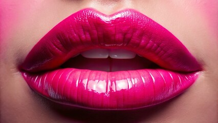 Obraz premium Aerial View of Neon Pink Lip Gloss Smudge and Texture - Macro Cosmetic Photography