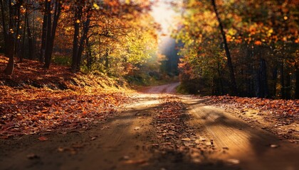 Obraz premium Camino en un bosque otoñal con hojas en el camino