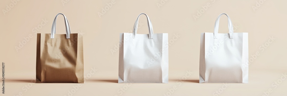 Poster trendy reusable shopping bag mock-up featuring modern typography, set of three with transparent back
