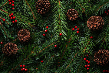 A festive arrangement of pine branches, pinecones, and red berries, creating a seasonal atmosphere.