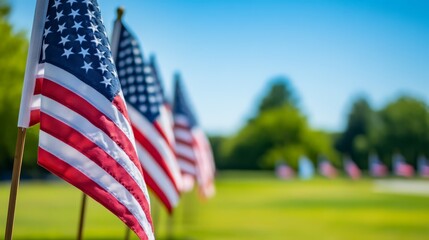 Rows of American Flags Against a Blue Sky in a Green Field