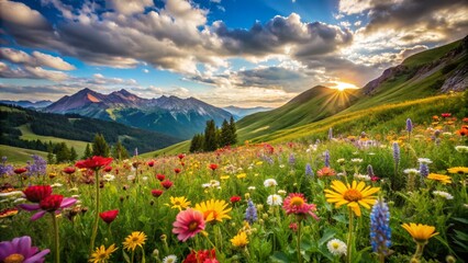 Fototapeta premium Aerial View of Vibrant Wildflower Landscape in Impressionist Style Oil Painting