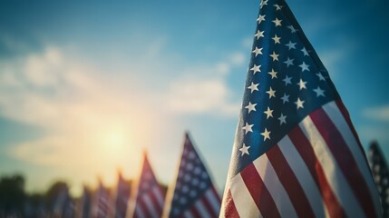 American Flags at Sunset with Blue Sky