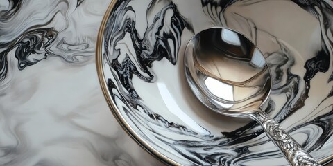 Silver spoon on a marble bowl.