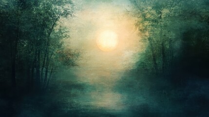 Fototapeta premium Mystical Forest with Sunbeam Light Painting Digital Art Background - Green and Yellow Tones.