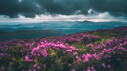 Obraz premium A peaceful highland moor covered in purple heather, with rolling hills stretching into the distance under a cloudy, dramatic sky 