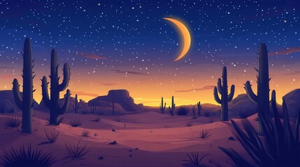 Naklejka premium Desert Night Sky with Crescent Moon and Cactus Silhouettes - Digital Painting.