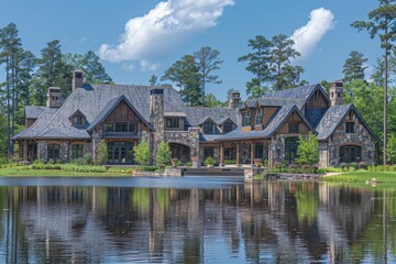 Fototapeta premium A stunning, luxurious stone mansion nestled amidst lush greenery by a tranquil lake, reflecting a serene and picturesque architectural masterpiece