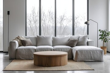 A modern mid century modern interior in a living room with a circular table and sofa. Generative AI
