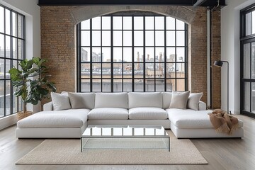 Fototapeta premium A modern Scandinavian interior in the living room with minimalist, black window frame windows and glass tables and white sofas. Generative AI 