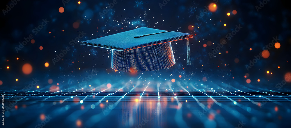 Poster abstract digital art of an open graduation cap made from glowing lines and dots, floating above a ne