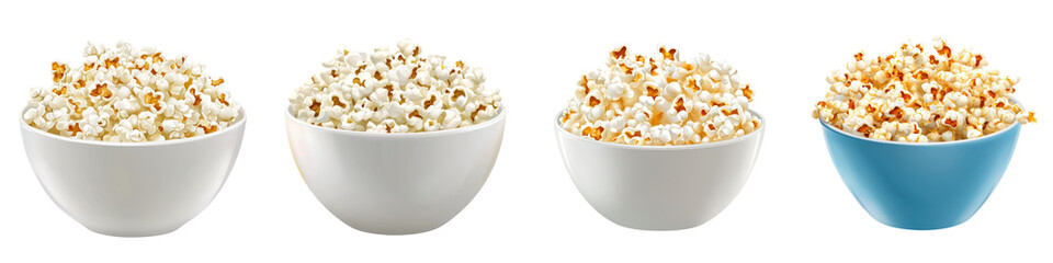 Deliciously fluffy buttered popcorn bowls, collection, clipart, isolated on transparent background.