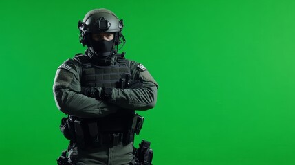 A police officer in tactical gear stands with arms crossed exuding strength.