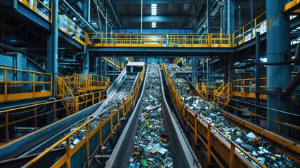 Fototapeta premium Industrial Conveyor Belts Transporting Waste Materials in a Recycling Facility
