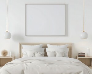 「壁に飾られた無地のフレームのモックアップ。木製ベッド、ベッドサイドテーブル、ペンダントライトを備えたミニマルインテリアデザインの3Dレンダリング」