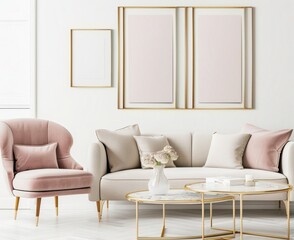 「快適なソファ、アームチェア、エレガントなゴールドのアクセントが特徴のモダンでスタイリッシュなリビングルームインテリア。中間色のカラーパレットが落ち着きのある魅力的な雰囲気を演出します」