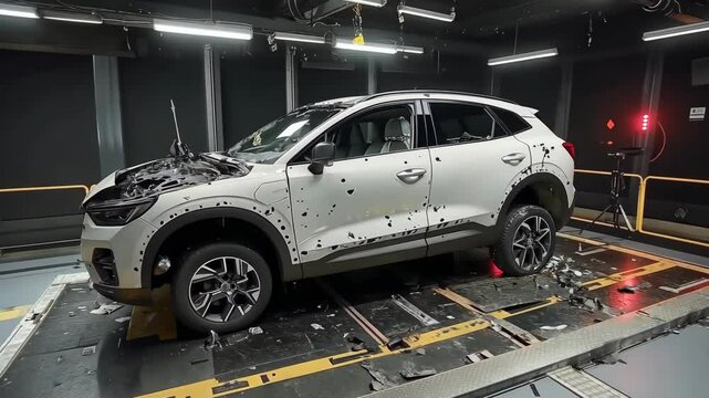 A white SUV is being tested in a crash lab