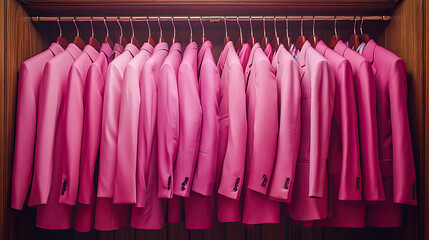 Vivid pink formalwear arranged on hangers