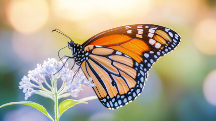 Fototapeta premium vibrant butterfly perched delicately on flower, showcasing its striking orange and black wings against soft, blurred background. scene evokes sense of tranquility and beauty in nature