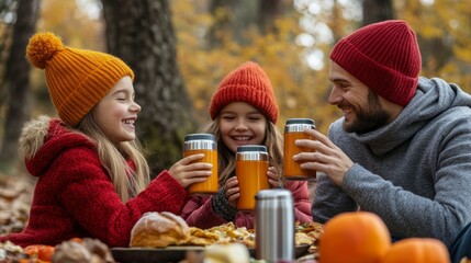 Obraz premium A family of three, two girls and a boy, are sitting on a blanket in a forest