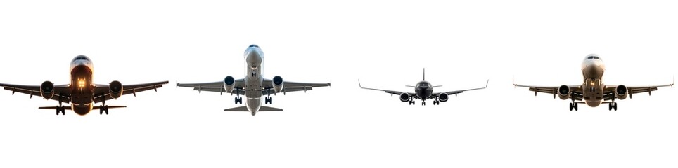 Obraz premium Four distinct airplanes are shown approaching for landing in clear daylight, each featuring unique designs and colors with wheels lowered and ready for touchdown isolated PNG