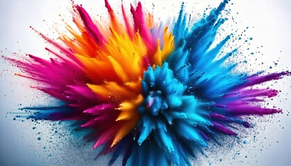 Obraz premium A vibrant explosion of colored powder against a clean white background creates a dynamic and energetic look