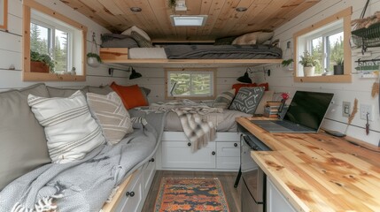 This tiny house interior showcases a cleverly designed and cozy living space featuring natural wood accents and compact multifunctional furniture