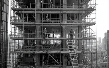 Fototapeta premium Construction workers on scaffolding during skyscraper construction.