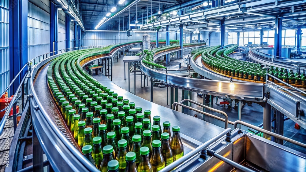 Poster beverage conveyor system with bottles in modern factory setting - industrial architecture photograph