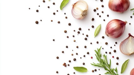 Obraz premium Fresh Red Onions, Peppercorns, and Herbs on White Background