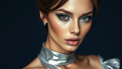 Captivating Portrait of a Beautiful Young Woman with Stunning Makeup and Bright Eyes