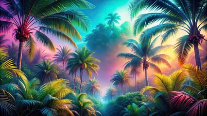Tropical background with palm trees and iridescent plants, with depth of field