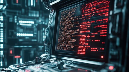 Futuristic Technology Interface with Red Code Display and Control Panel