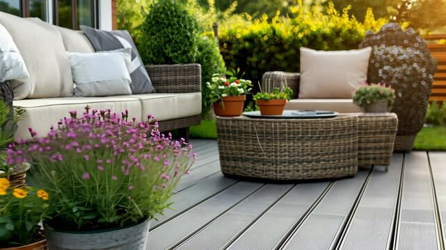 A wicker patio set sits on a gray composite deck surrounded by lush greenery