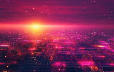 Futuristic Cityscape with Pink Neon Lights and Sunset Sky - Abstract Digital Art.
