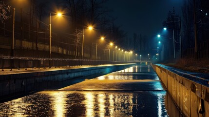 Fototapeta premium Nighttime View of a City Canal with Street Lights Reflecting in the Water