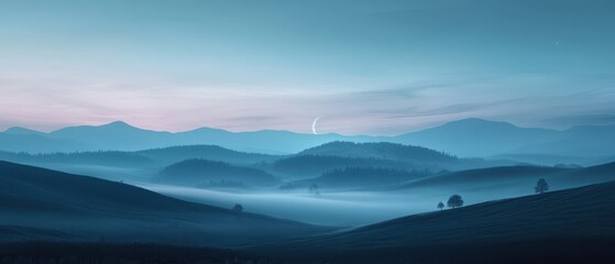 Fototapeta premium Serene Blue Hour Landscape with Foggy Hills and Crescent Moon