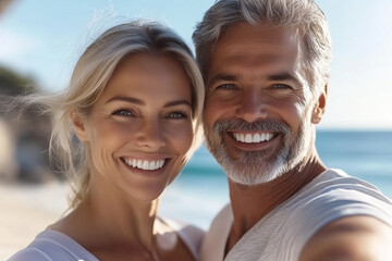 Fototapeta premium An older couple with gray hair takes a selfie on the beach, showing off perfect teeth, ideal for dental company advertising.