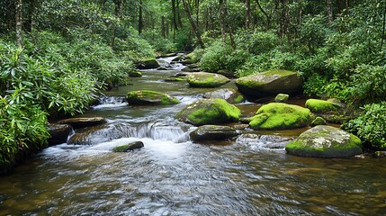 Obraz premium A peaceful mountain stream with crystal-clear water flowing over moss-covered rocks, surrounded by lush green vegetation