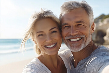 Fototapeta premium An older couple with gray hair takes a selfie on the beach, showing off perfect teeth, ideal for dental company advertising.
