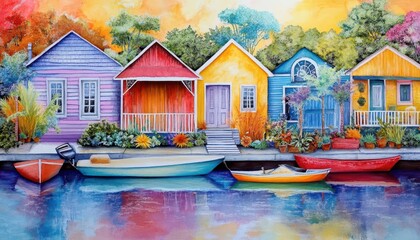 Obraz premium Coastal array, vibrant colors, joyful scenes, cozy setting, inviting