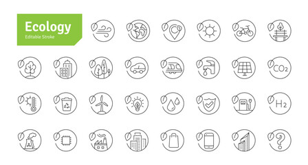 Ecology Line Icons Set. Climate Change, Green Energy, Renewable Energy, Green Technology, Sustainability, Solar Energy Icons Editable Stroke Vector Illustration