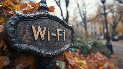 Fototapeta premium A close-up of a vintage metal Wi-Fi sign set against an autumnal backdrop with fallen leaves and a blurred background, evoking a blend of old and modern technology